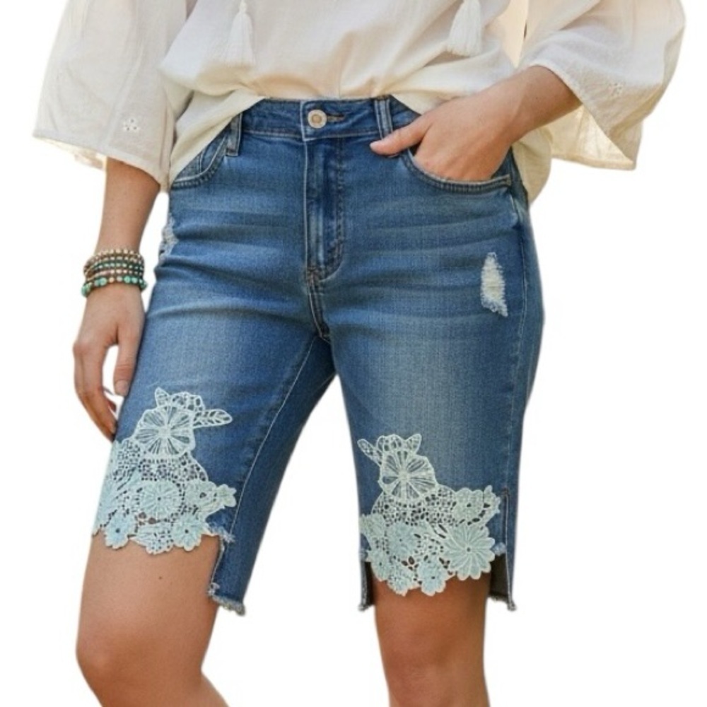Venus 2 Denim Bermuda Length Shorts Crochet Appliqué Boho Casual Summer